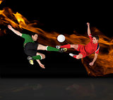 Composite image of football players tackling for the ball