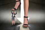 Composite image of female feet in black sandals standing on businesswoman