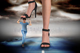 Composite image of female feet in black sandals stepping on girl
