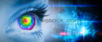 Composite image of pyschedelic eye on blue face