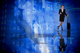 Composite image of businesswoman leaning on her suitcase holding tablet pc