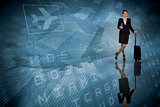 Composite image of businesswoman leaning on her suitcase holding tablet pc
