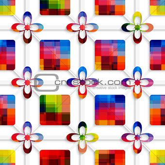Colorful squares and colorful flowers on net seamless pattern