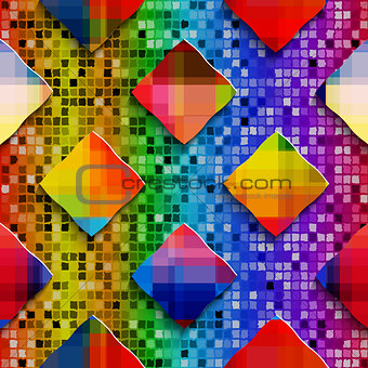 Rainbow colored rectangles on rainbow colored mosaic seamless pa