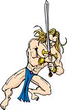 Cartoon barbarian swordsman with blonde hair