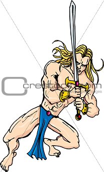 Cartoon barbarian swordsman with blonde hair