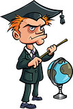 Cartoon crazy teacher with a stick and a globe