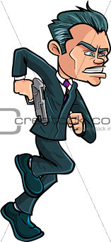 Cartoon running spy in a suit with a gun