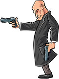 Cartoon bald gun man pointing his gun