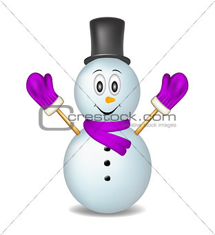 Smiling snowman wearing mittens, hat and scarf