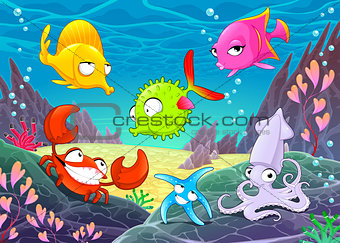 Funny happy animals under the sea. 