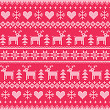 Winter, Christmas white seamless pixelated pattern with deer and hearts on red