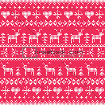 Winter, Christmas white seamless pixelated pattern with deer and hearts on red