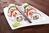 Makizushi. Sushi rolls on white plate.