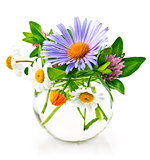 Bunch summery flowers in glass vase