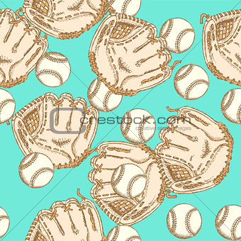 Sketch baseball bal ang glove,  seamless pattern