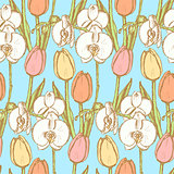 Sketch tulip and orchid, vintage seamless pattern