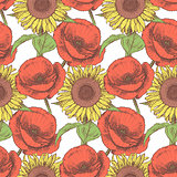 Sketch poppy and sunflower,  vintage seamless pattern