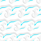 White wavy lines and shapes and blue details seamless pattern