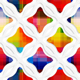 White wavy rectangles with rainbow and white net seamless patter