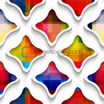 White wavy rectangles with rainbow on white seamless pattern