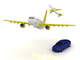 Two passenger airliner and blue car.