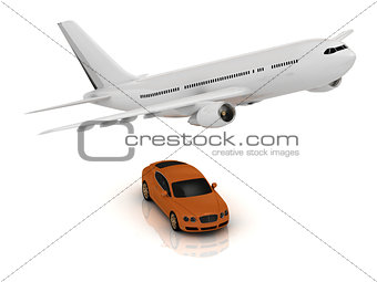 White passenger airliner and orange car
