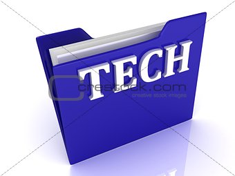 TECH bright white letters on a blue folder 