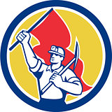Coal Miner Hardhat Holding Axe and Flag Retro