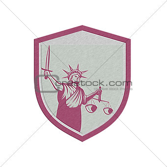 Metallic Statue of Liberty Holding Sword Scales Justice Shield