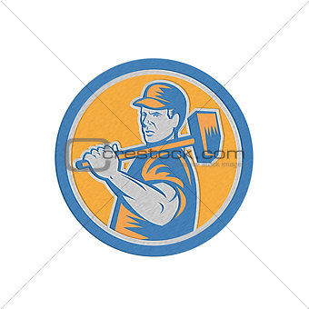 Metallic Union Worker Holding Sledgehammer Circle Retro