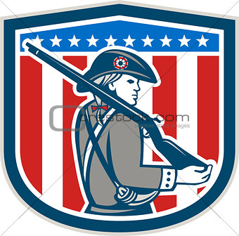 American Patriot Minuteman Holding Musket Rifle Shield Retro