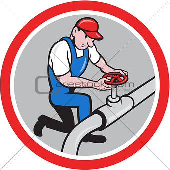 Plumber Pipe Worker Turning on Flow Circle Cartoon