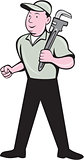 Plumber Holding Monkey Wrench Front View Cartoon