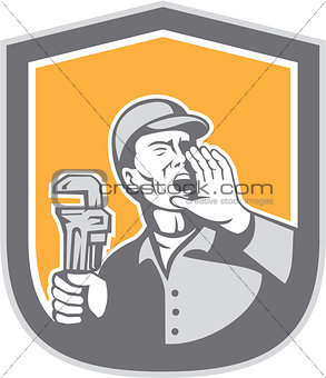 Plumber Shouting Holding Wrench Shield Retro