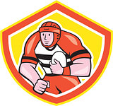 Rugby Player Holding Ball Shield Cartoon