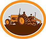 Vintage Farm Tractor Farmer Plowing Oval Retro