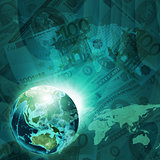 Earth, world map on money background