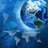 Earth, world map on money background