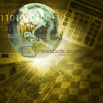 Earth, digits and keyboard on money background