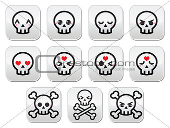 Kawaii cute Halloween skull buttons set
