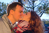 Outdoor happy couple in love, autumn Amsterdam background