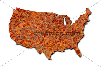 Rusted corroded metal map of the United States on white