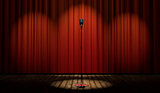 3d vintage microphone on stage with red curtain 