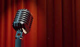 3d retro microphone on red curtain background 