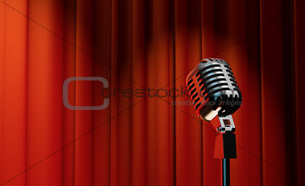 3d retro microphone on red curtain background 