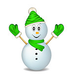 Smiling snowman wearing mittens, cap and scarf