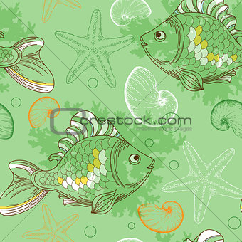 Seamless pattern with tropical fishes and shells