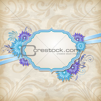 Vintage label and blue flowers