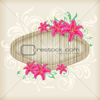 Wooden label with red lilies